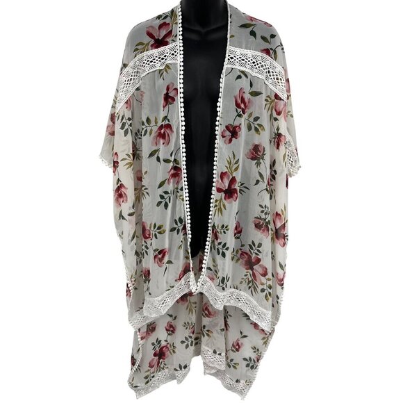 Torrid Floral Sheer Kimono Wrap Crochet Cover Up One Size Plus Short Sleeve New - Picture 1 of 8